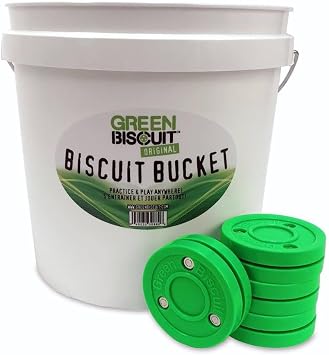 Green Biscuit Bucket 15-Pack Original Passer Hockey Pucks - Street Hockey Puck to Improve Stickhandling Skills and Passing