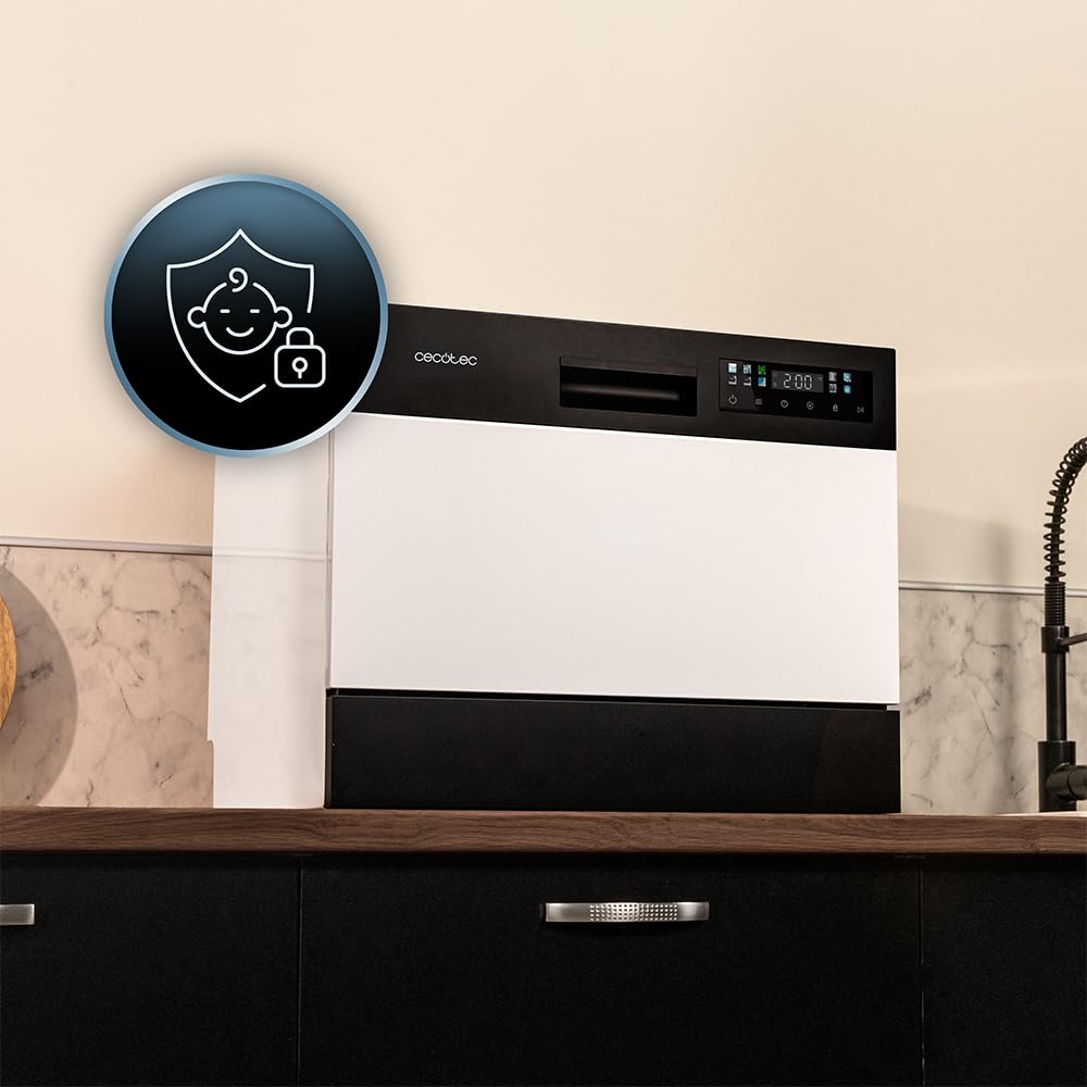 Cecotec Lavavajillas Compacto Libre Instalación 6 cubiertos Bolero Aguazero 2300. 6 Cubiertos, 8 Programas, Clase D, Colour Touch Panel, Machine Care, Delay Start, Función Pre-Wash, Dry+, Germ Shield