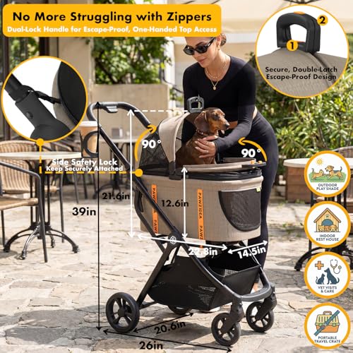 Image of PAWZIDEA 4-in-1 Pet Stroller with Detachable Carrier, Escape-Proof No-Zip Canopy, Lightweight Foldable Dog Stroller for Small Medium Dogs & Cats, Portable Travel Crate & Car Seat Combo, Storage Basket
