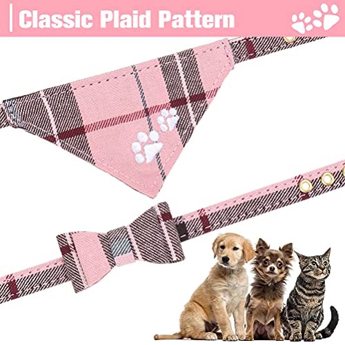 EXPAWLORER Dog Collar and Lead Set, Classic Plaid Bow Tie and Embroidery Pawprint Bandana Dog Collar with Bell - Image 3