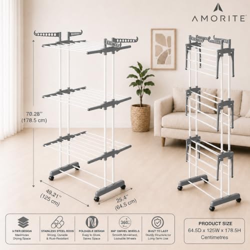 Image of Premium Steel Clothes Drying Stand | 3 Layer Rack with Wheels