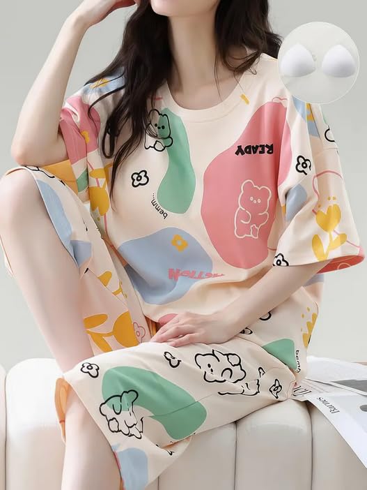 Image of Lunza Women's Cotton Pajama Set with Top & Pants|| Korean Night Suit|| Lightweight Printed Set || Soft & Comfy Sleepwear for Girls & Women