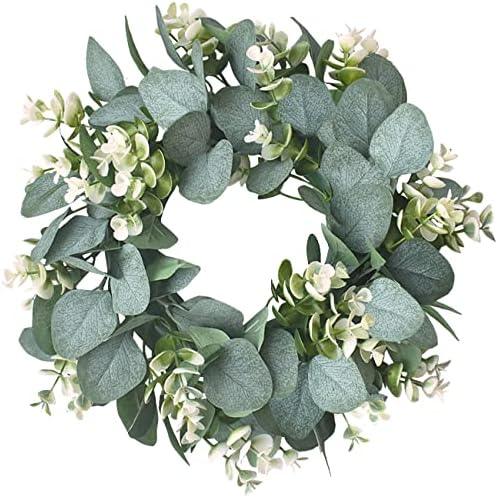 IRONLAND 12" Artificial Eucalyptus Wreath for Front Door Small Spring Summer Wreath Little Green Leaves Wreath for Farmhouse Festival Celebration Party Home Porch Decor