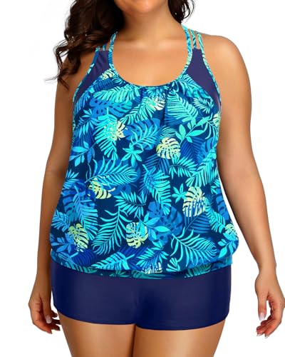 Image of Womens Plus Size Tankini Swimsuit Two Piece Tummy Control Bathing Suit | Blouson Racerback Tankini Top with Shorts, Double Up Design, Removable Pad