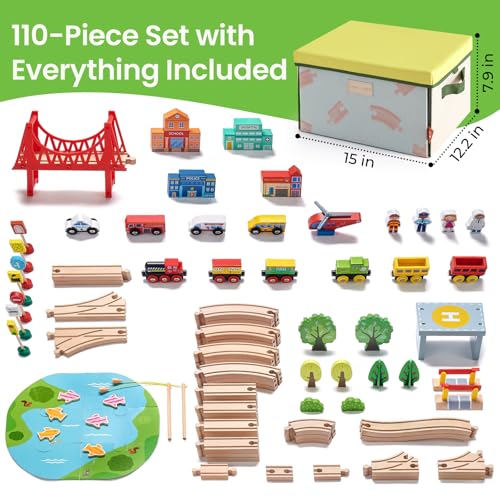 tiny land 110pcs wooden train set with folding storage box wooden train track toy for boys amp girls age 3-7 includes convenient storage