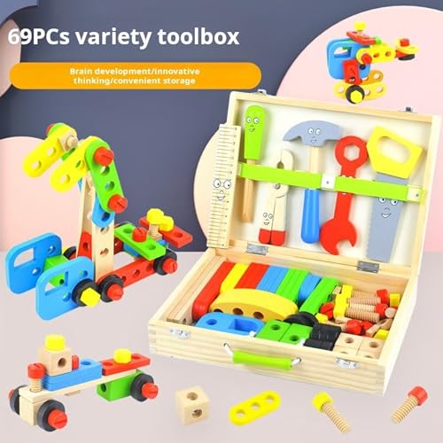Image of Wooden Tool Kit for Kids | Pretend Play Construction Toy Set | STEM Educational Mechanic Set for Boys and Girls (Ages 3-8) (Wooden Tool Kit 69Pcs)