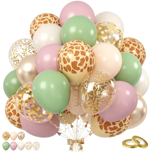 Image of Sage Green and Pink Balloons, 60PCS Deer Printed Balloons Confetti, 12 Inch Dusty Pink Champagne Gold Apricot Balloon Helium for Jungle Safari Birthday Woodland Baby Shower Wedding Party Decorations