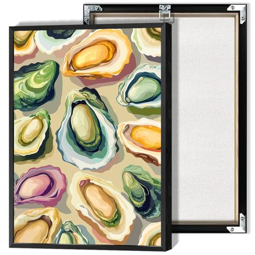 Image of Colorful Beachy Shell Canvas Wall Art Funny Coastal Oyster Shell Poster Abstract Summer Seaside Beach House Prints Painting For Home Living Room Kitchen Restaurant Wall Decor 8x12in Framed