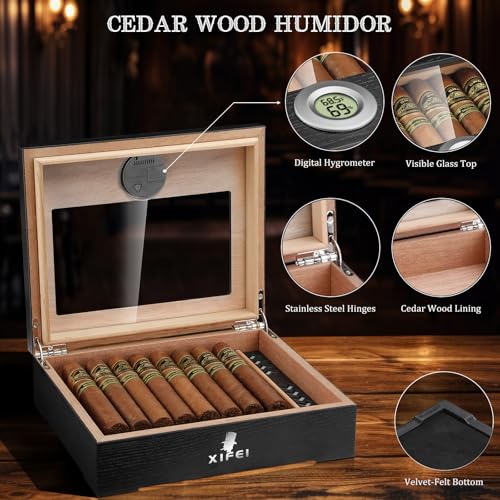 XIFEI Cigar Humidor, Glass Top Desktop Humidor Box with Digital Hygrometer & Humidifier, Spanish Cedar Wood Lining, Storage Case for 20-35 Cigars, Elegant Cigar Box Gift for Men