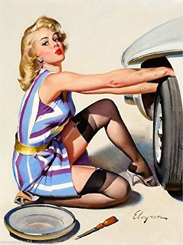 1940s Pin-Up Girl Changing a Tire Picture Poster Print Art Pin Up. Poster measures 10 x 13.5 inches