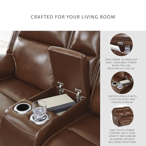 Image of Signature Design by Ashley Healy Pier Power Reclining Loveseat, Zero-Gravity Comfort, Leather and Faux Leather Construction, Home Theater Seating with Console, Dark Brown, 78 inch W