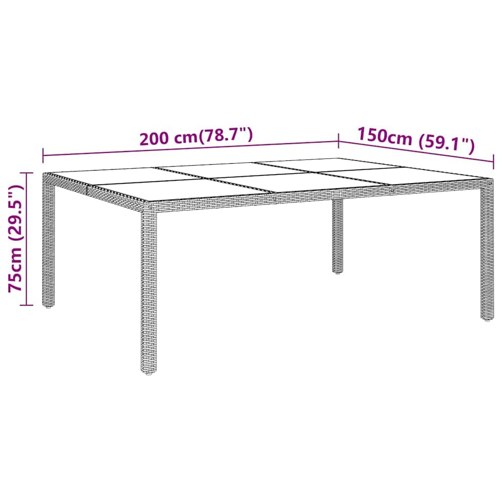 Stół ogrodowy 200 x 150 x 75 cm, polirattanowy i szkło hartowane, beżowe, stal malowana proszkowo, stabilny, odporny na warunki atmosferyczne, na taras, balkon, do jadalni, zestaw mebli do