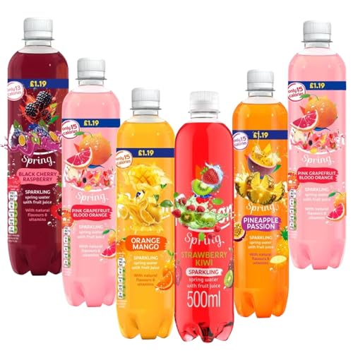 Sparkling Spring Water 500ml Drink – Random Mixed Pack of 10 Black Cherry Raspberry, Pink Grapefruit, Blood Orange, Pineapple Passion, Orange Mango, Strawberry Kiwi with Fruit Juice, Vitamin - Rbc
