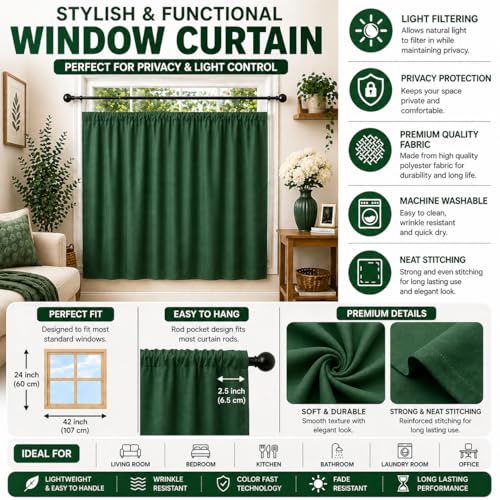 Image of Valance Blackout Rod Pocket Pattern Curtain Pack of 1 Piece, Kitchen Curtain | 3 Feet - Green
