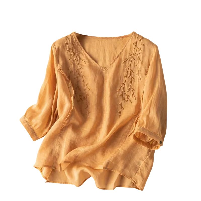Blouse lin coton brodé haut de gamme au design rétro épuré