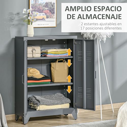 HOMCOM Armario de Almacenamiento Aparador de Metal con Doble Puerta Cierre Magnético y 2 Estantes Ajustables para Oficina Salón Dormitorio 75x33x110 cm Gris - imagen 4