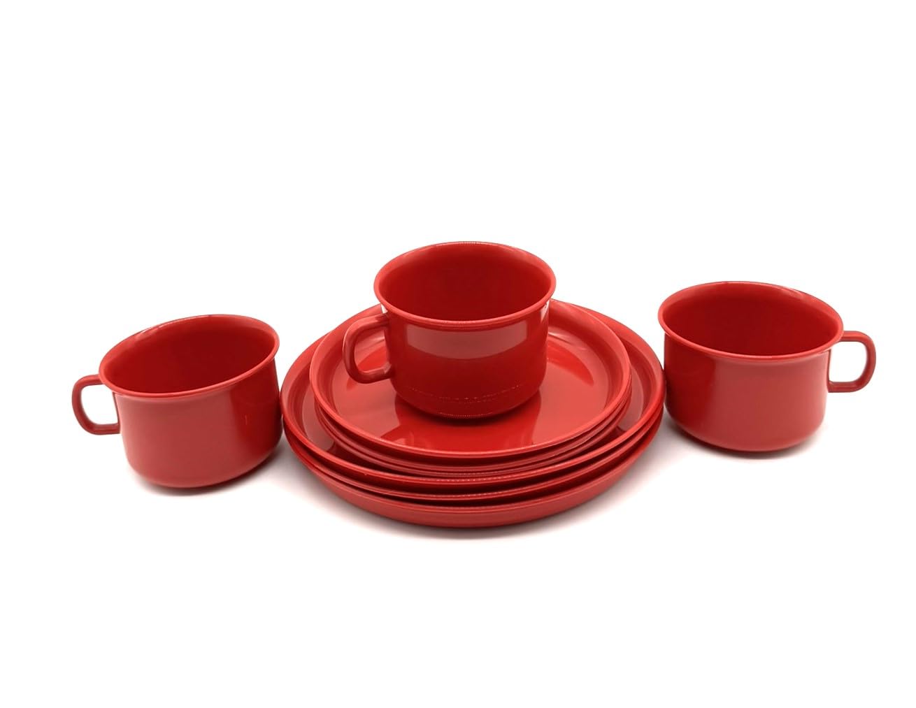 Zestaw zastawy stołowej, serwis do kawy, plastikowe naczynia po 3 filiżanki, talerze 14 cm i talerze 18 cm tworzywo sztuczne czerwone