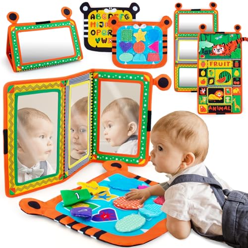 Image of Tummy Time Baby Mirror Toys with Sensory Textured Play Pattern,Black and White High Contrast Baby Toys Neawborn Toys 0,3,6 Months,3 Way Baby Mirrors 3D Crinkle Toys Infant Toys for Newborn Boys Girls