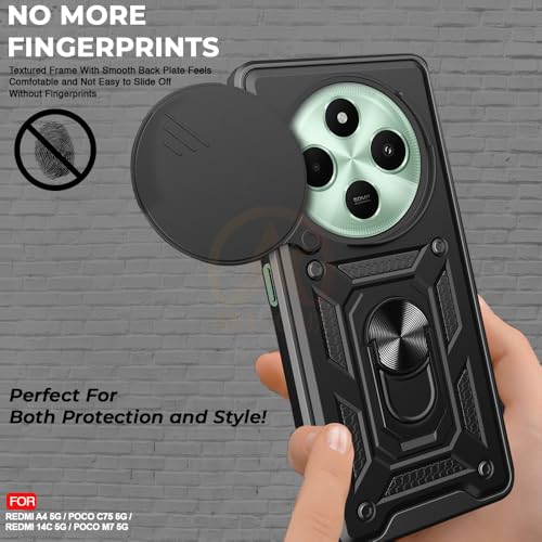 Image of Armor Bumper Back Cover Case for Redmi A4 5G / Redmi 14C 5G / Poco C75 5G / Poco M7 5G Rotating Camera Cover, Ring Holder & Kickstand | Heavy Duty & 360 Degree Protection Back Cover (Black)
