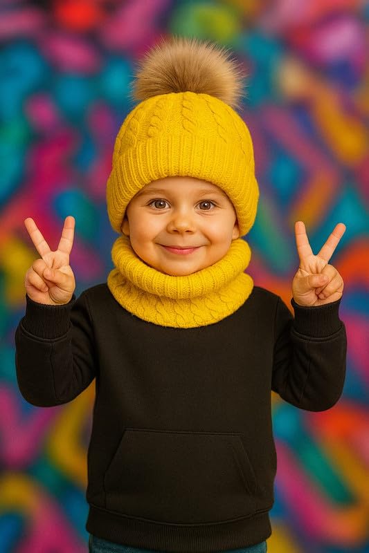 Krystle Kids Winter Beanie Hat and Neck Warmer Set β Soft Knit with Pom Pom, Warm and Cozy for Boys & Girls (Yellow,2-7 Years) 1