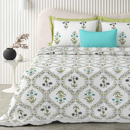 Image of Urban Jaipur 100% Cotton Bedsheet for Double Bed (90 x 108 Inches) | 210 TC King Size Bed Sheet for Double Bed with 2 Pillow Covers | Pure Cotton Jaipuri Bedsheet (White, Green (Jaal))