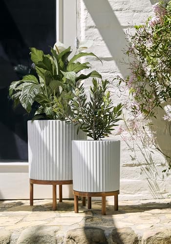 Image of Veradek Demi Series Raised Duo Planters - Set of 2 Planters with Stands | Made From a Durable Plastic-Stone Composite & Comes With Wooden Stand. Modern Porch /Patio Decor
