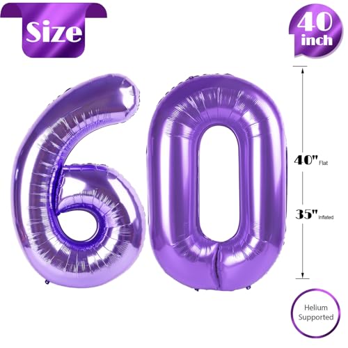 Image of Purple Number 60 Balloon 40 Inch, 60th Birthday Party Decorations, Giant 60 Foil Balloon for Party Supplies