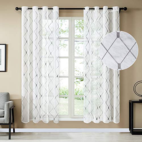 Topfinel Cortina para Ventana Bordada con rombal Translúcidas Visillos Paneles para Ventanas...