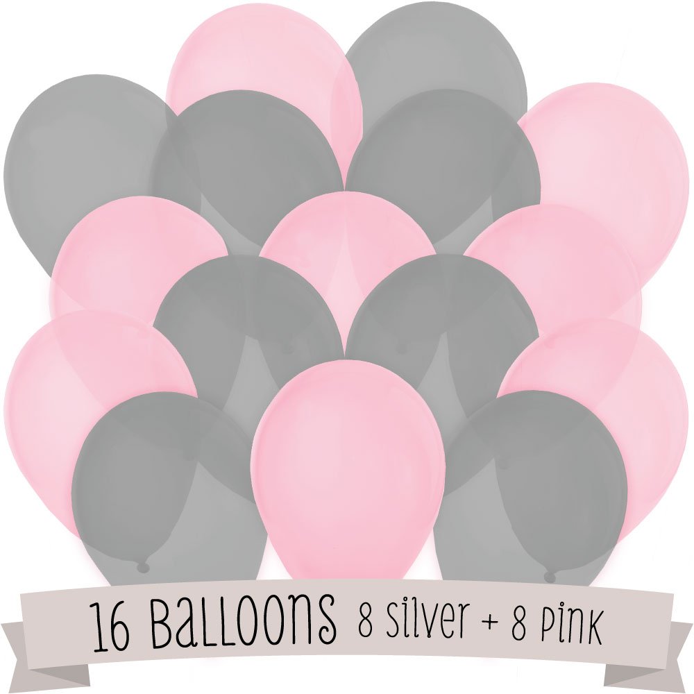 16 Pack of Latex Balloons (8 Pink & 8 Gray)