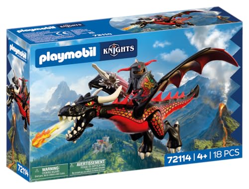 PLAYMOBIL | Knights | Schwarzer Drache | Großer Feuerdrache mit Schussfunktion und Ritter | Drachen Spielzeug für Kinder ab 4 Jahren | 72114