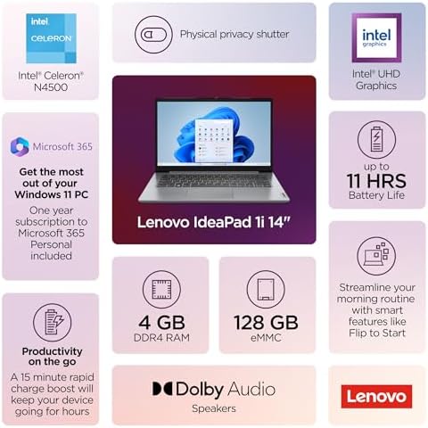 <p>Lenovo 2026 Edition Laptop for Students: 14" Intel, 4GB RAM, 128GB eMMC, Microsoft 365, All-Day Battery, Lightweight Design</p>