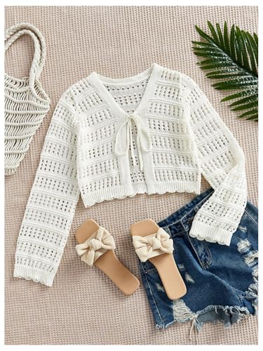 Image of GORGLITTER Women's Crochet Tie Front Tops Long Sleeve Boho Cropped Cardigan Festival Cowgirl Outfits