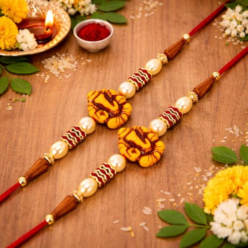 Image of Riddhika Ventures Lavish Pearl and Diamond Ring Bhaiya Bhabhi Rakhi (Set of 2) with Roli Chawal & Greeting Card | Raksha Bandhan Special