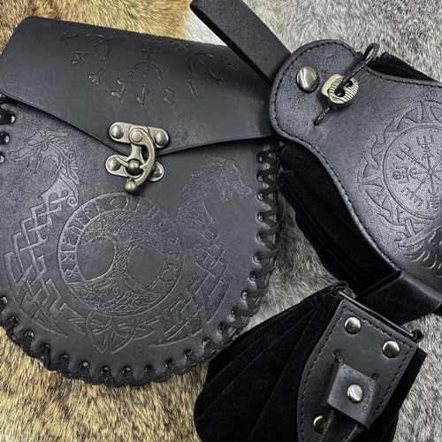 Image of EpicCos 3 PCs Medieval Faux Leather Belt Bag Set, Renaissance Drawstring Pouch Dice Bag, Vintage Side Pack Coin Purse for LARP (Black A)
