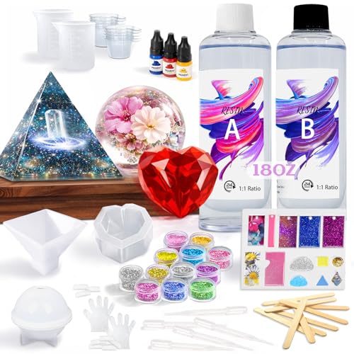 RNYBFPT Epoxy Resin Kit for Beginners 18oz Crystal Clear Resin with Silicone Molds Easy 1:1 Mix All-in-One Resin Art Kit with Pigments & Glitter for Jewelry Making DIY Crafts & Creative Gifts