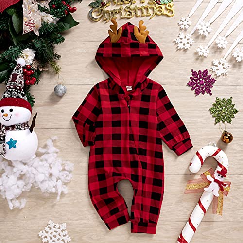 Infant Baby Boys Christmas Hooded Romper Jumpsuit Long Sleeve Elf Reindeer Onesie One-Piece Santa Xmas Clothes(Plaid,18-24M) #TOP6