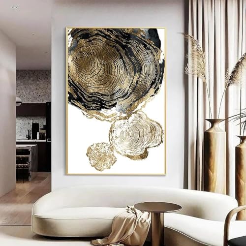 Peinture abstraite moderne haut de gamme aux détails d'anneau annuel doré précieux