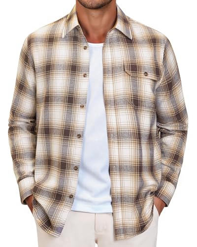Alimens & Gentle Men's Plaid Shirt Long Sleeve Flanel Button Up Shirts Winter Outdoor Utility Tops with Pocket Khaki White XL - Image 2