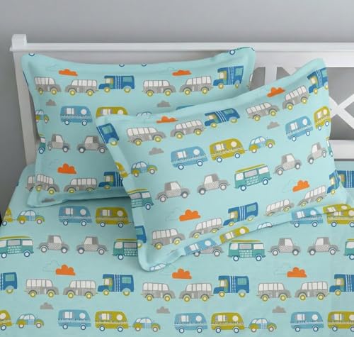 Image of RD FABS Glace Cotton Wrinkle Free Soft Hypoallergenic Double Bed King Size Bedsheet with 2 Pillow Covers, Cartoon Printed for Kids Room Boys Girls, 90x95 Inches, Sky Blue, Car Bus Design, 144 TC