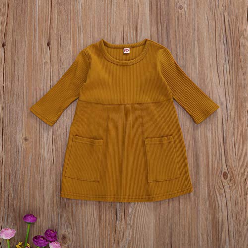 Toddler Baby Girl Knit Sweater Dress Kids Solid Color Ribbed Ruffle Long Sleeve Dresses Top Fall Winter Outfits (A-Yellow, 4-5T) #TOP3