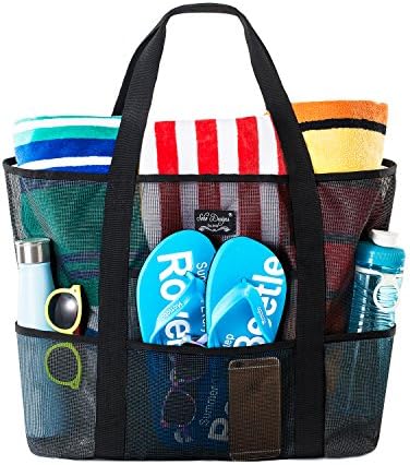 SoHo Collection, Mesh Beach Bag – Toy Tote Bag – Large Lightweight Market, Grocery & Picnic Tote with Oversized Pockets (Black and Black)