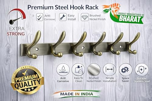 Image of Exclusive Extra Long 40 cm Antique Brass 6 Pin Metal Bathroom Cloth Hooks Hanger Door Wall Robe Hooks Rail for Hanging Keys,Clothes,Towel (2, Antique)