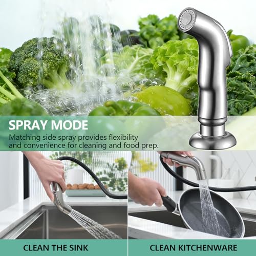Kitchen Faucet with Sprayer, Brushed Nickel Stainless Steel Kitchen Sink Faucet with Side Sprayer, 3 Hole or 4 Hole Faucet for Kitchen Sink, Commercial RV Laundry Utility Kitchen Faucet KMF023L-1