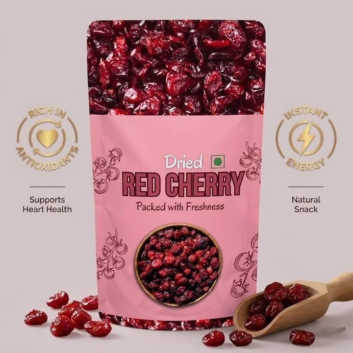Dried Red Cherries,Vegan and Gluten Free | Without Sugar | Ice Cream, Cakes and Shakes Decoration | 200g