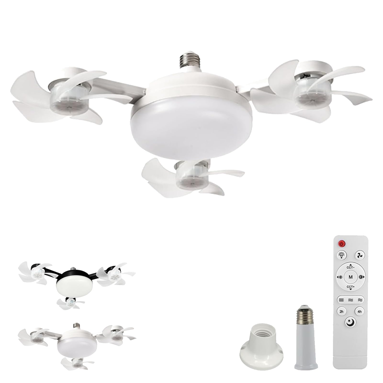 Miepkvl E27 Socket Ceiling Fan Light with Remote & Extension Rod Screw, Socket Fan Light Dimmable Light Bulb Fan, 2h/4h Timer for Bedroom, Living Room (White)