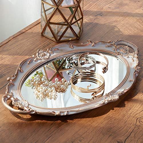 Zosenley Polyresin Ellipse Antique Decorative Mirror Tray, Makeup Organizer, Jewelry Organizer, Serving Tray, 9.8”x 14.6”, Golden Gray