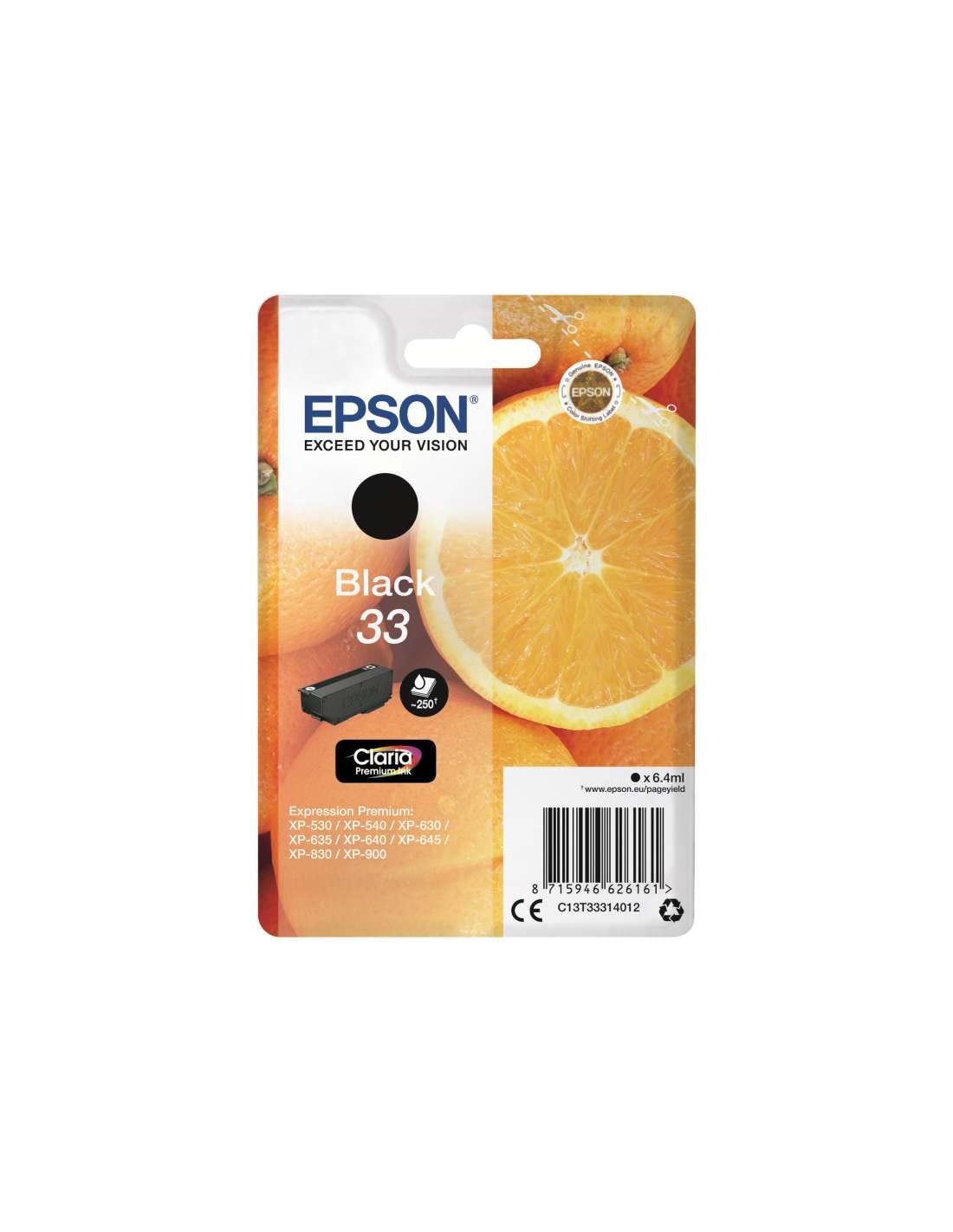 Epson Original Orangen Claria 33-Einzel-Tintenpatrone Schwarz – 1 x 4,5 ml – Original Epson Tintenpatronen für optimale Druckergebnisse