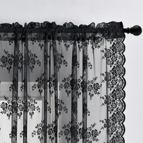 Kotile Short Black Lace Curtains 36 Inch Length 2 Panels, Country Rustic Floral Goth Floral Sheer Curtains for Small Window, Rod Pocket Privacy Lace Cafe Curtains, 42 x 36 Inch Each, 1 Pair, Black