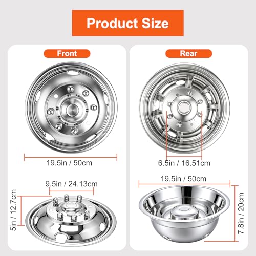 Image of CIRONBOW 19.5 inch 8 Lug 5 Holes,Wheel Simulators,Stainless Steel Bolt Kit,Fit for Pick-up Trucks Vans RV Hub Caps Rim Skin Chrome Cover Parts,Trunk Dually Wheel Cover Set(2003~2004 Ford F450 /F550)