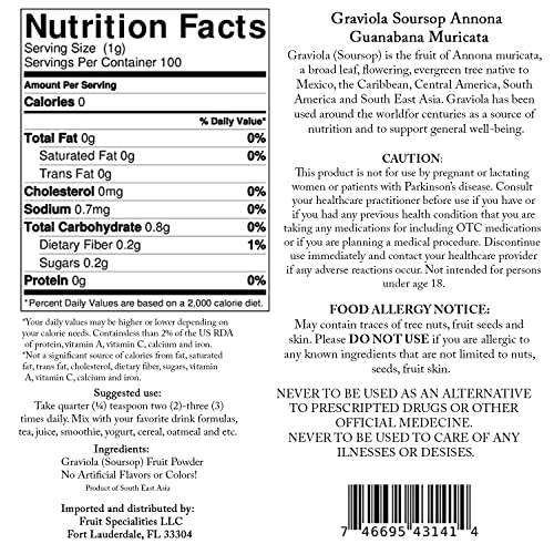 Graviola (Soursop) Fruit Powder, All-Natural Pure Graviola Fruit Powder, Annona Muricata Guanabana (3.52 Oz) #TOP5